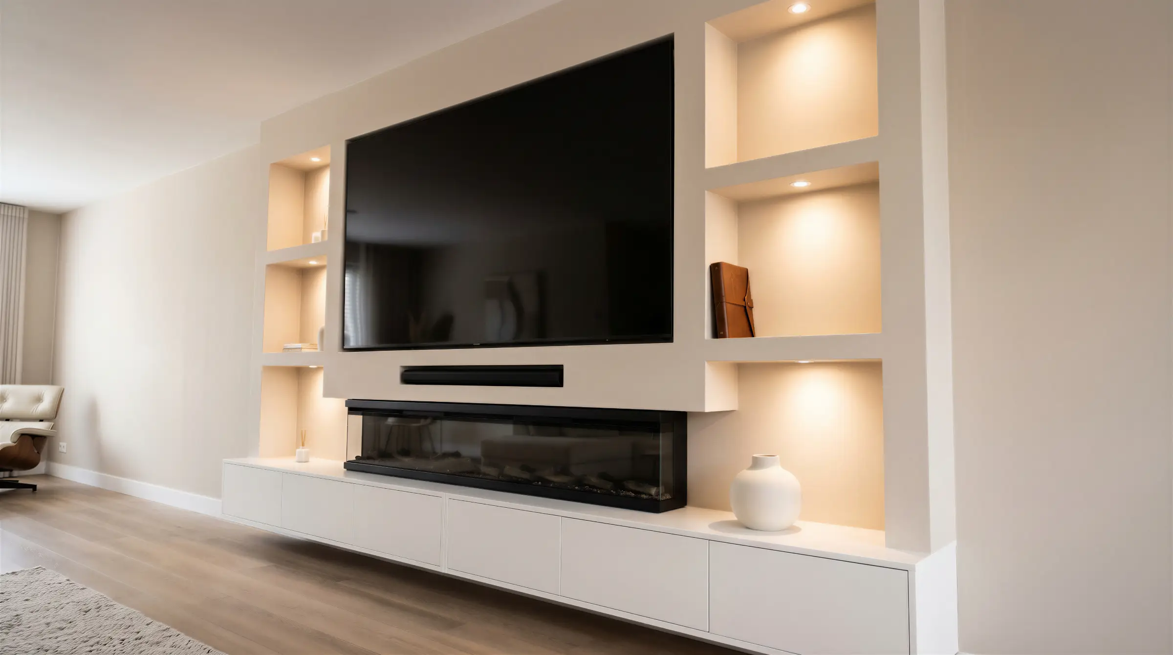 Cinewall met 3D-haard van 182 cm, soundbarvak, 6 vakken met spots en zwevend meubel van 300 cm, voorbeeld van cinewallcenter